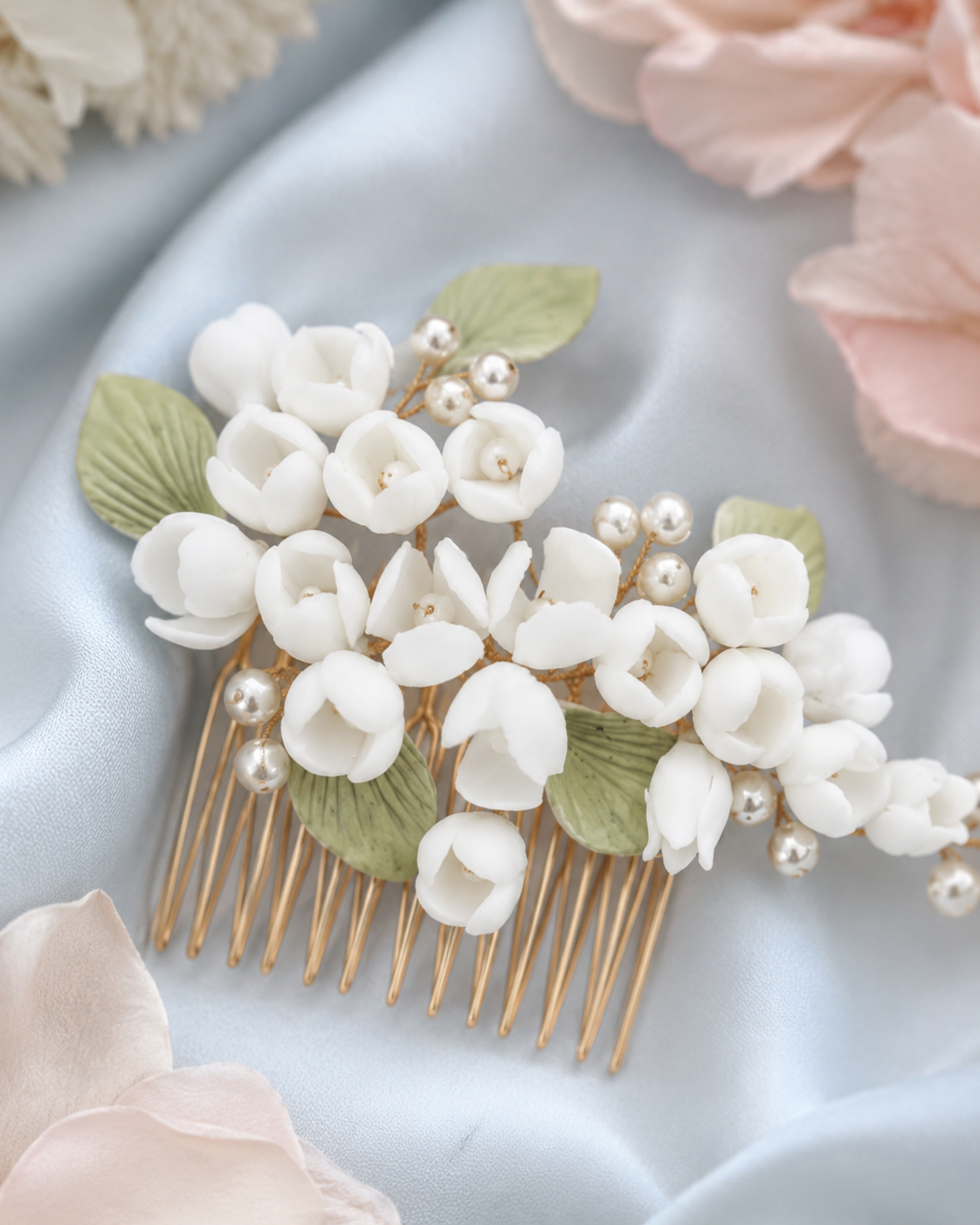Ceramic Flower Bridal Hair Comb, White with Pearls