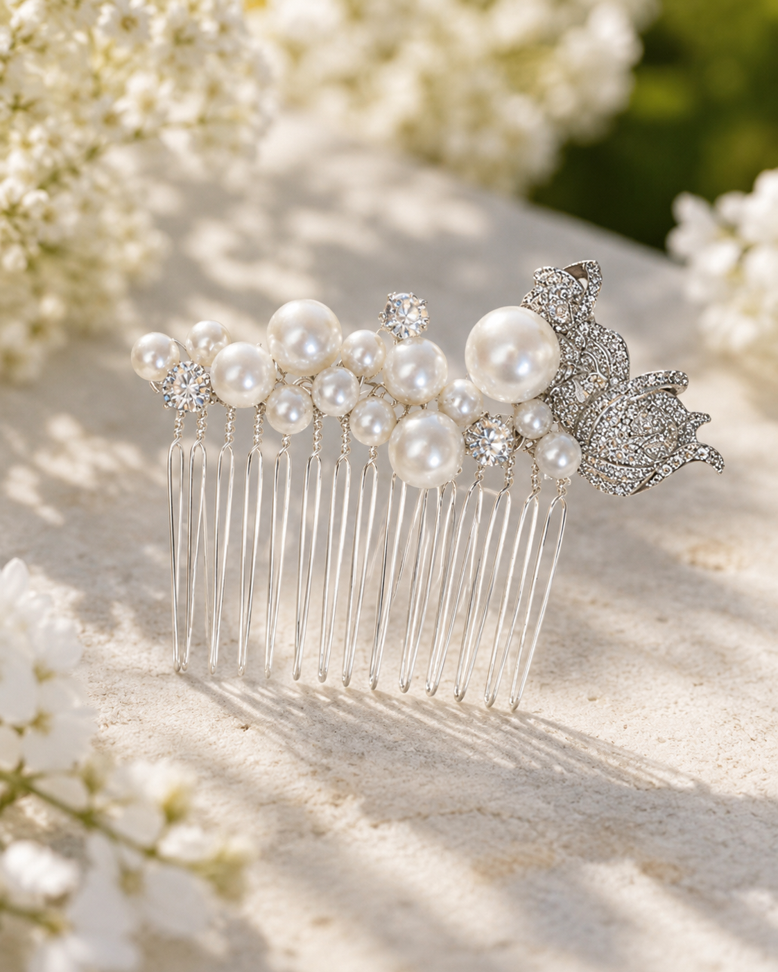 Matching set of two pearl bridal hair combs shown side by side