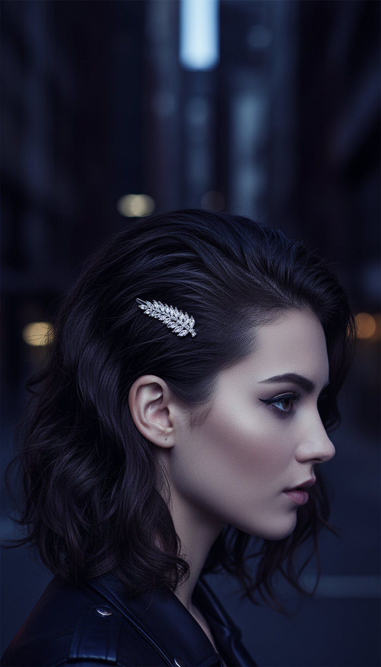 Silver leaf hair pin shown against a plain background for scale