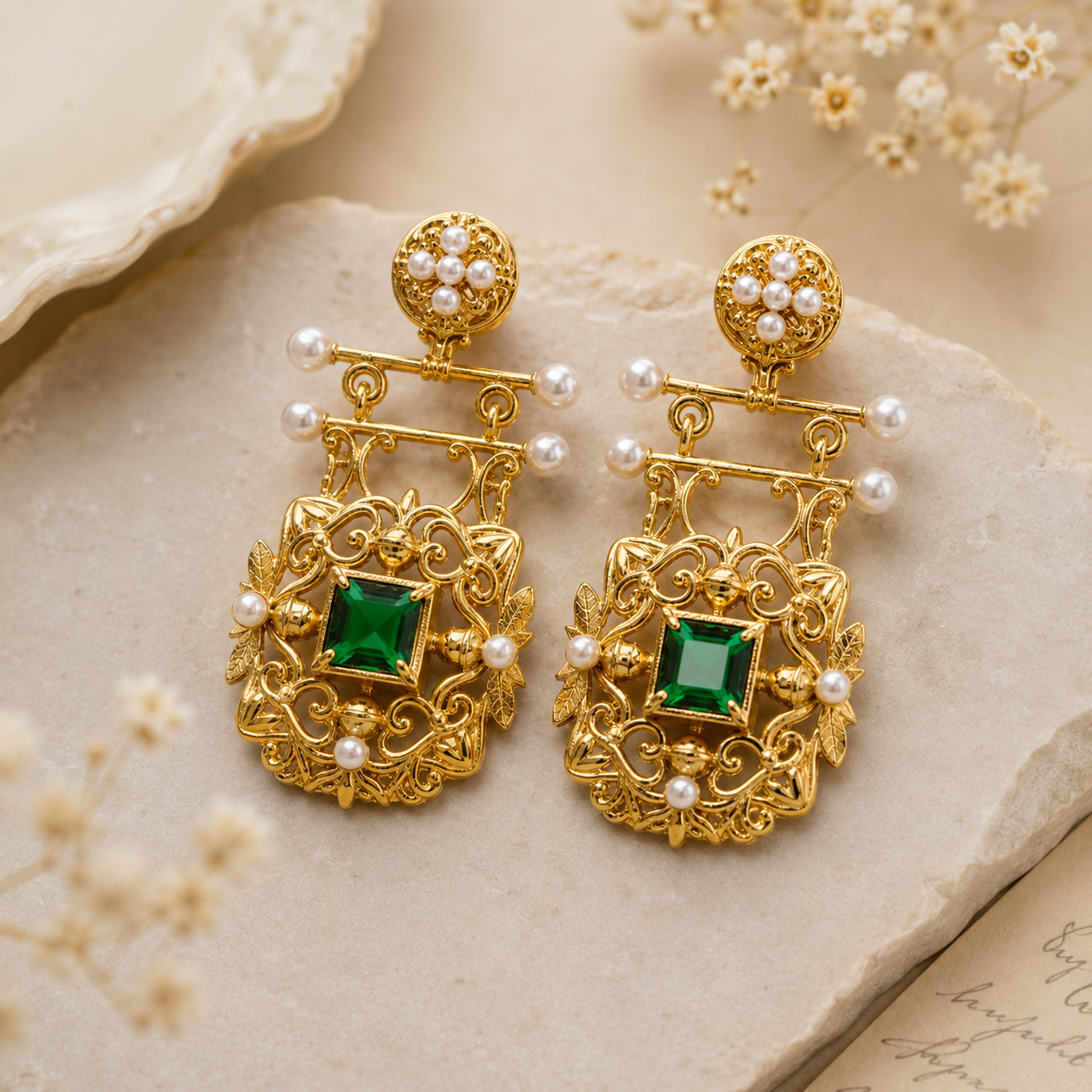 Art Nouveau Gold Vintage Earrings With Emerald Green Cubic Zirconia