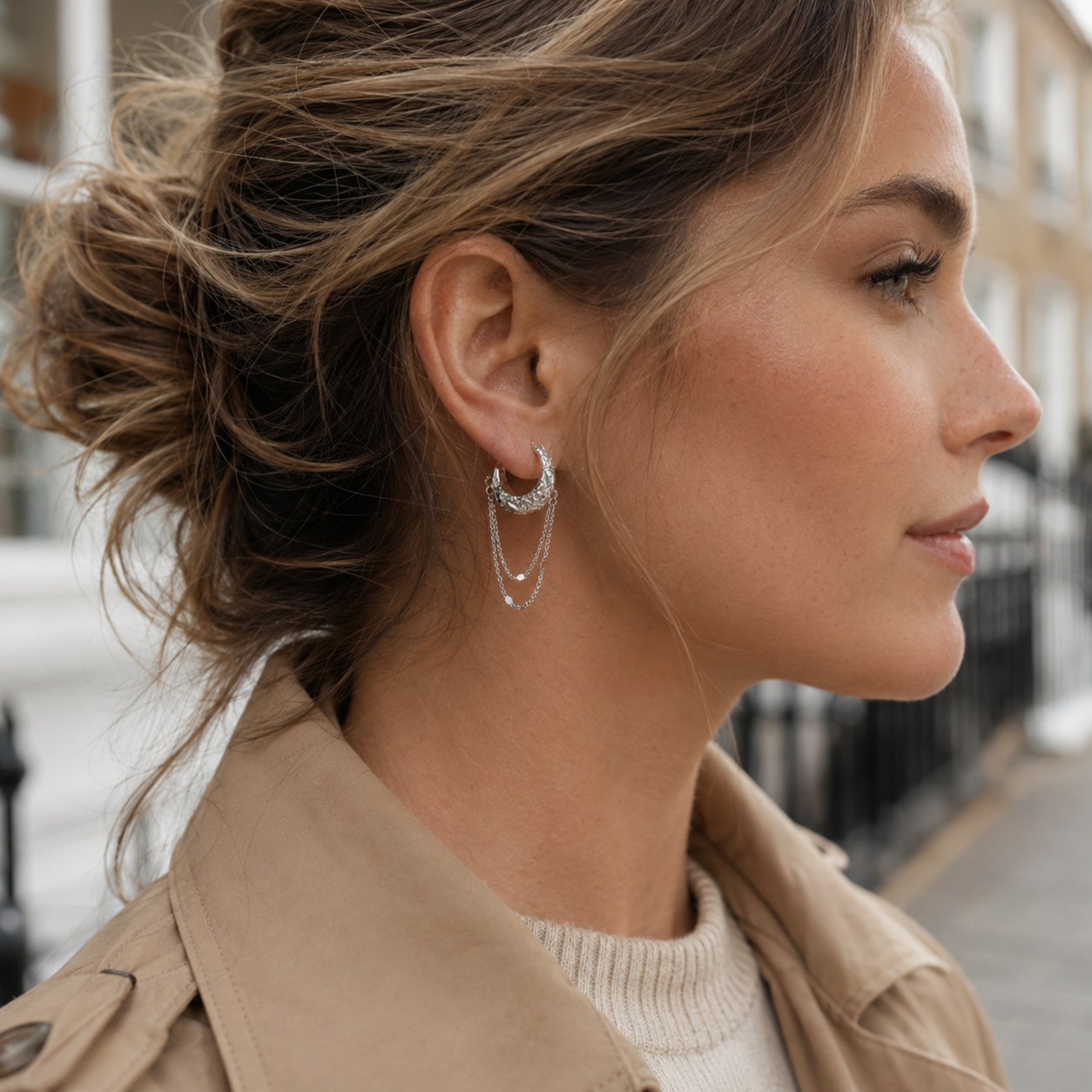 Layered Draping Chain Textured 925 Silver Hoops (Silver Finish)