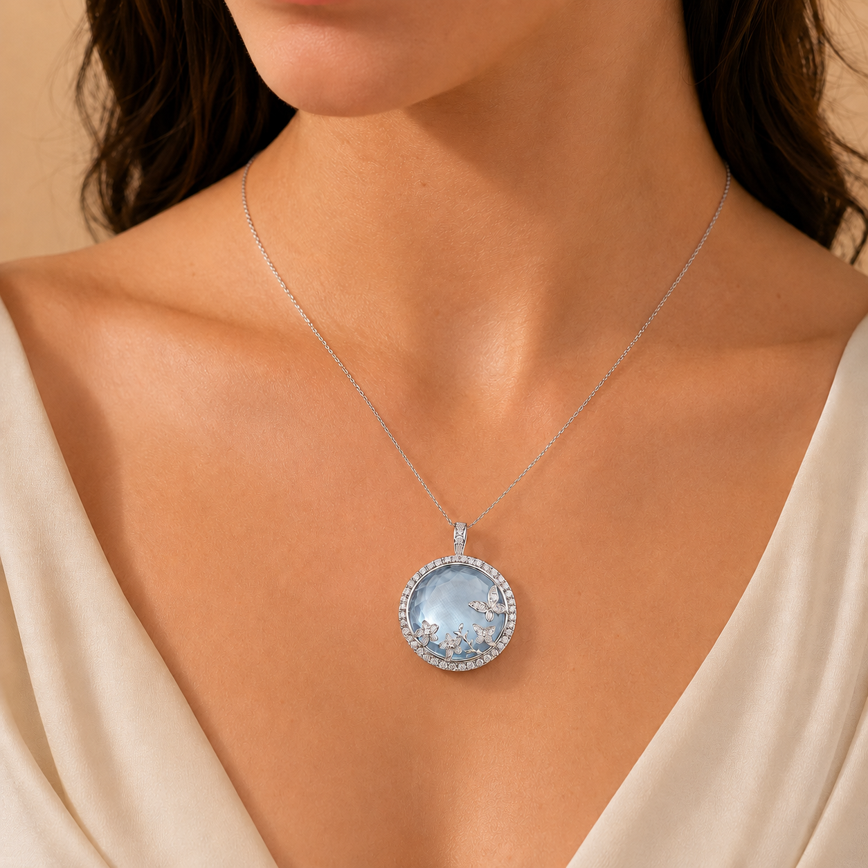 Azure Butterfly Garden Circle Pendant