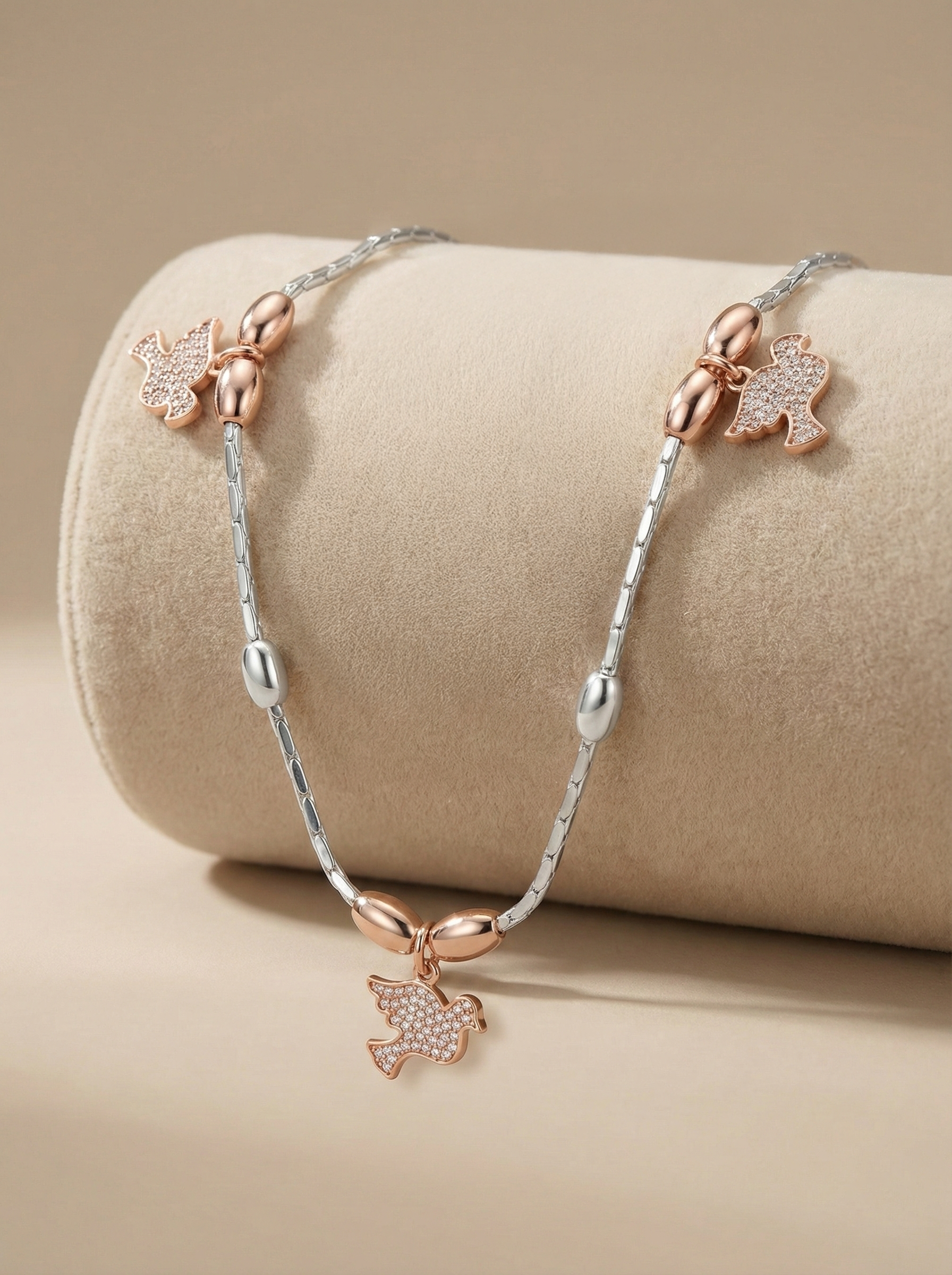 925 Sterling Silver Rose Gold Bird Nature Charm Anklet