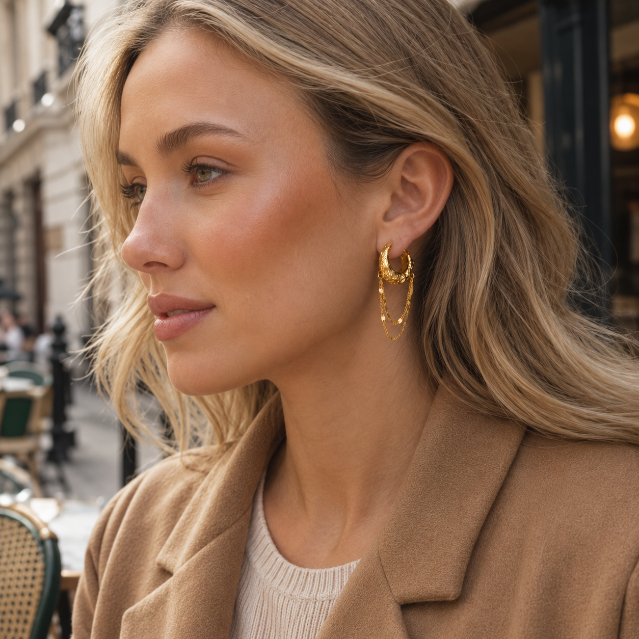Layered Draping Chain Textured 925 Silver Hoops (Gold Finish)