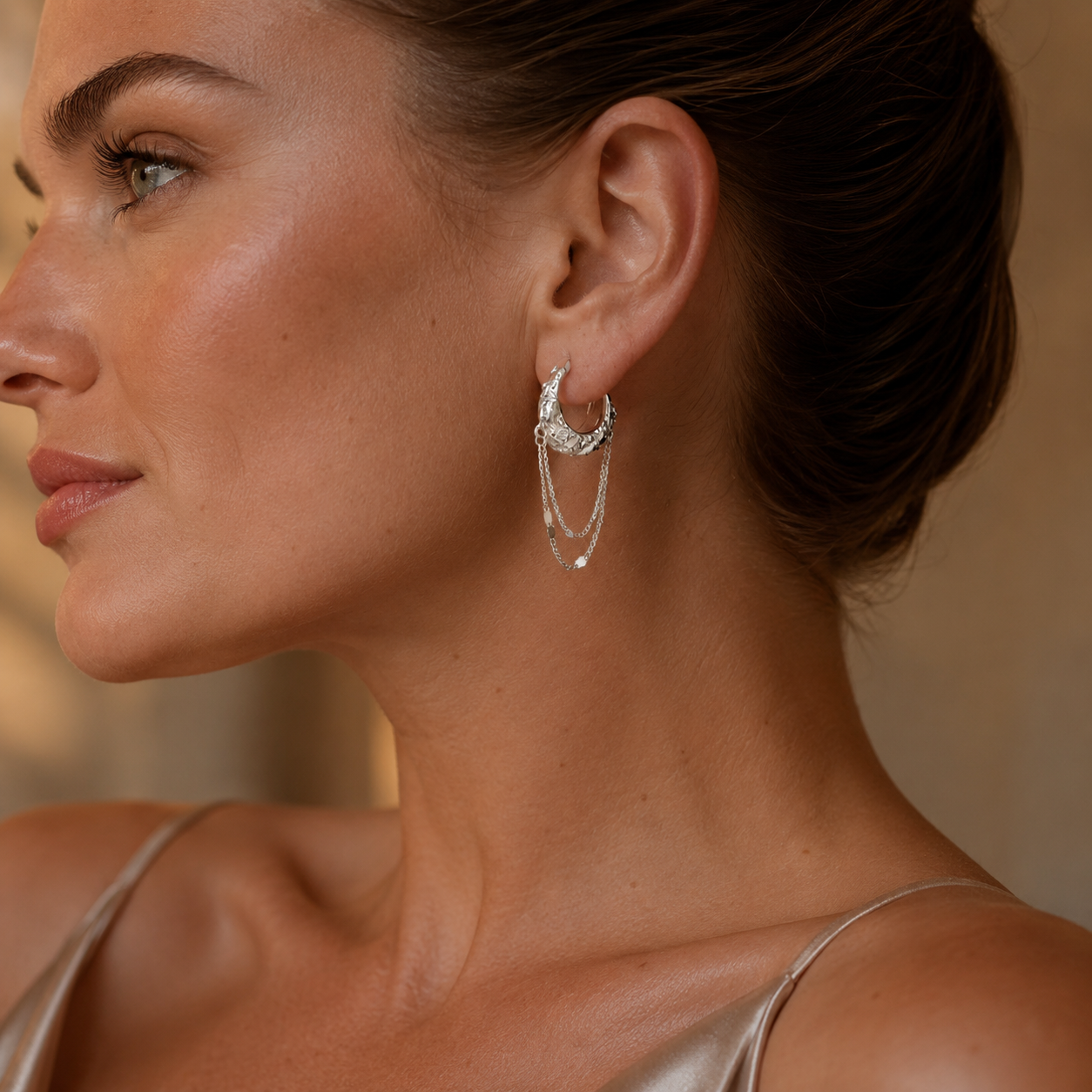 Layered Draping Chain Textured 925 Silver Hoops (Silver Finish)