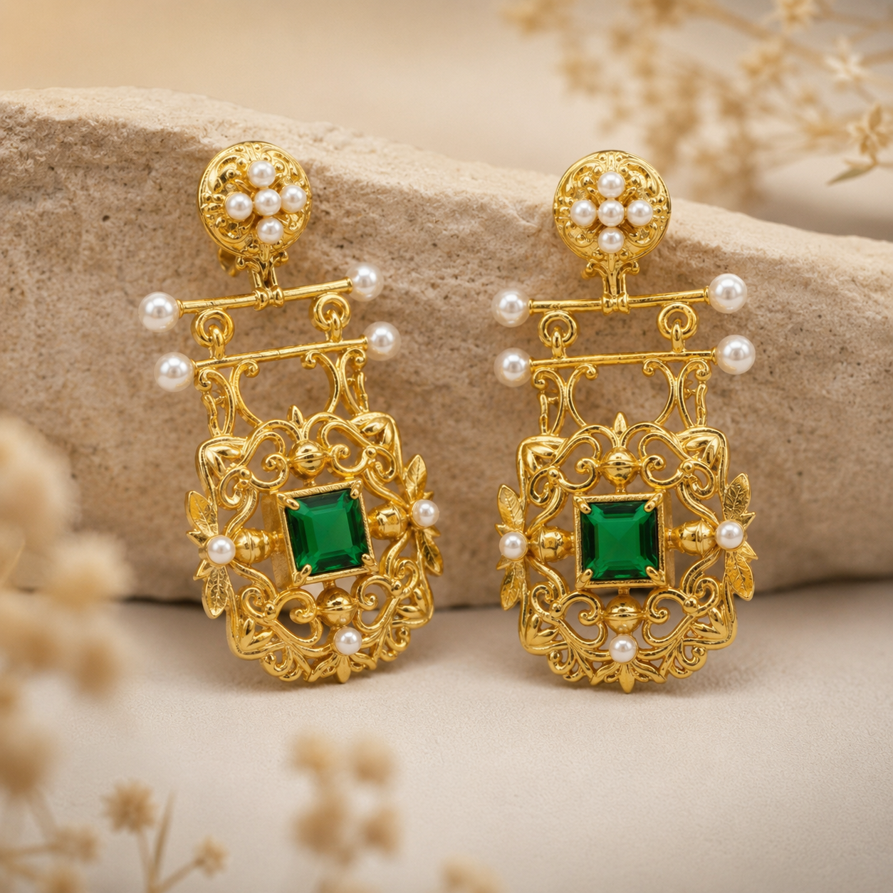 Art Nouveau Gold Vintage Earrings With Emerald Green Cubic Zirconia