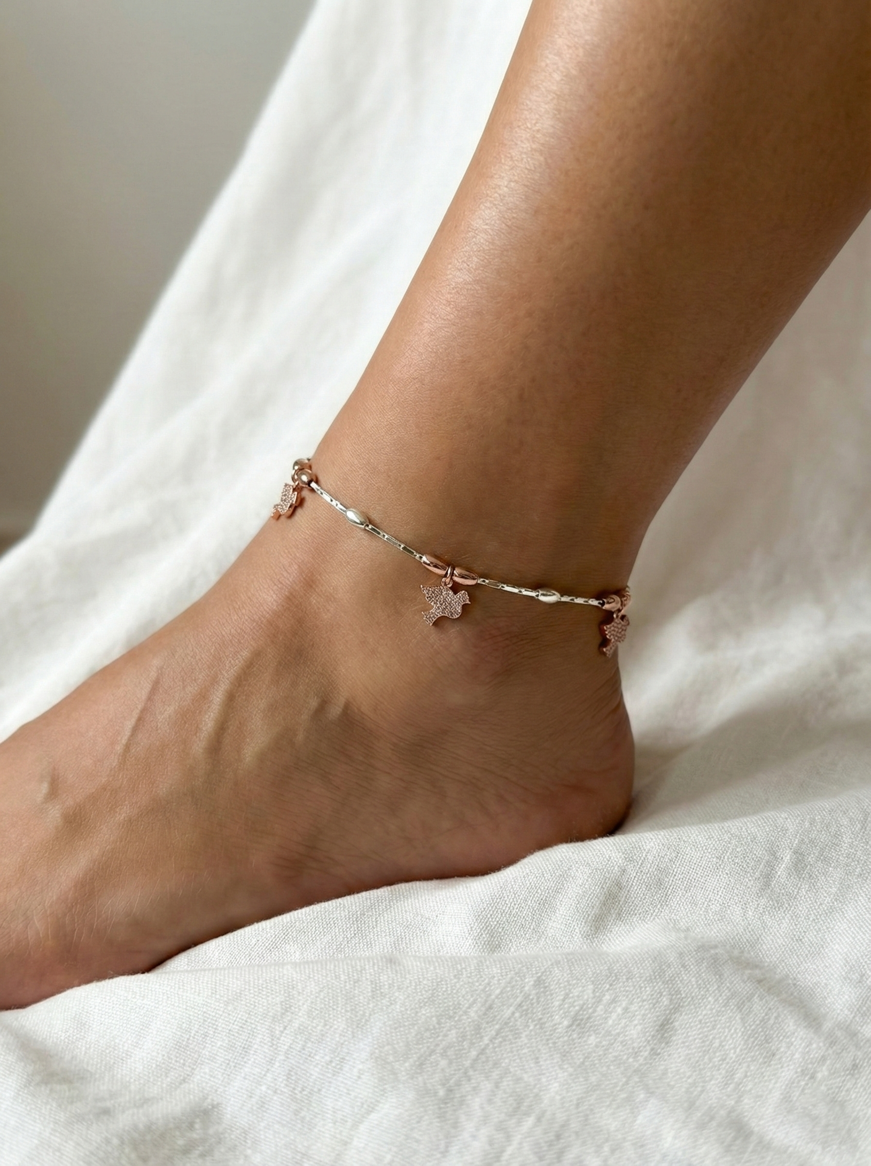 925 Sterling Silver Rose Gold Bird Nature Charm Anklet