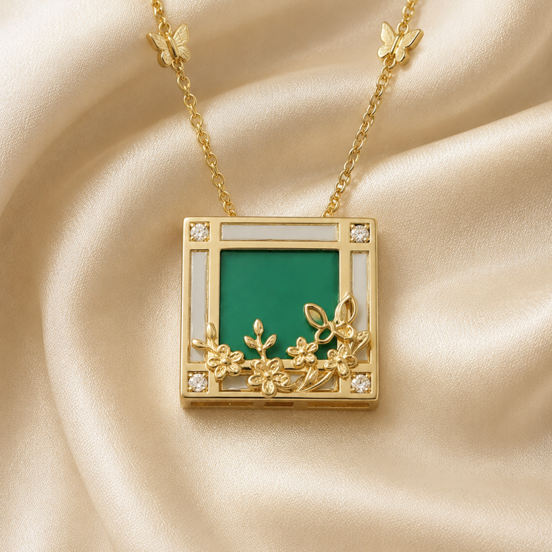 Green Princess-Cut Square Pendant Necklace