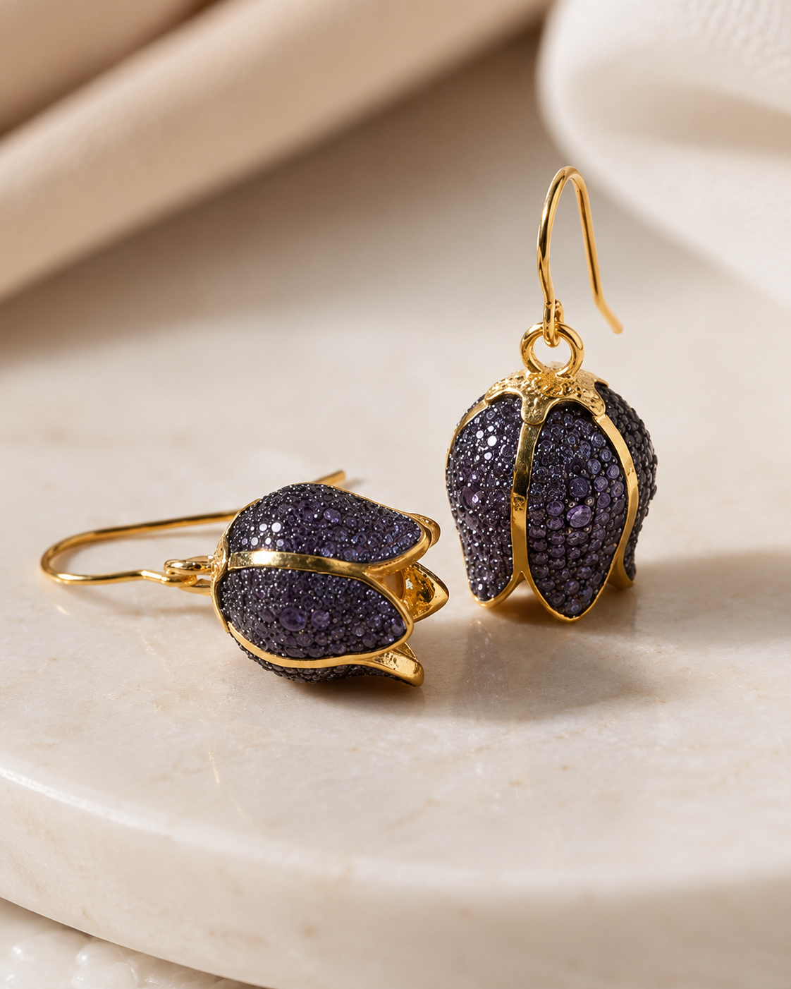Gold Plated Purple Tulip Drop Earrings