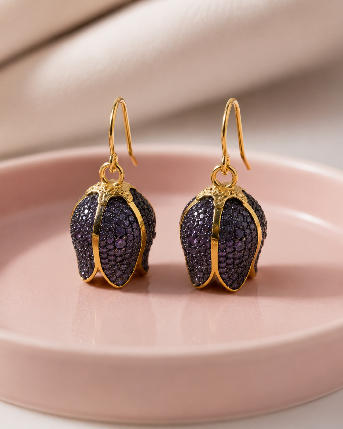Gold Plated Purple Tulip Drop Earrings
