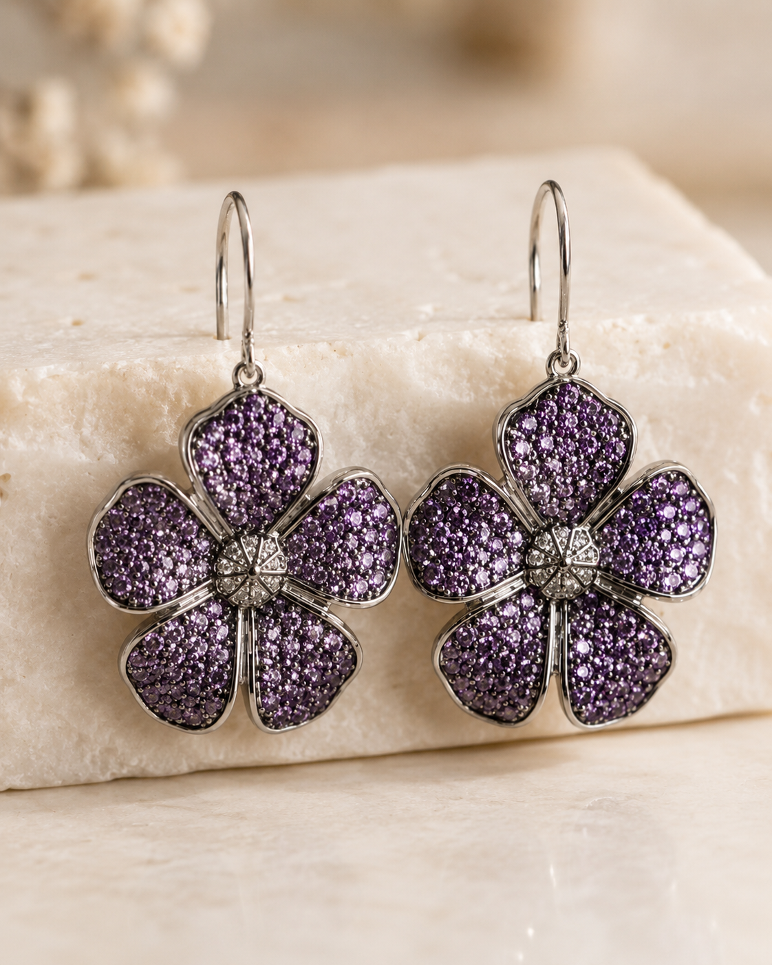 Five Petal Ombre Blossom Dangle Earrings - Purple