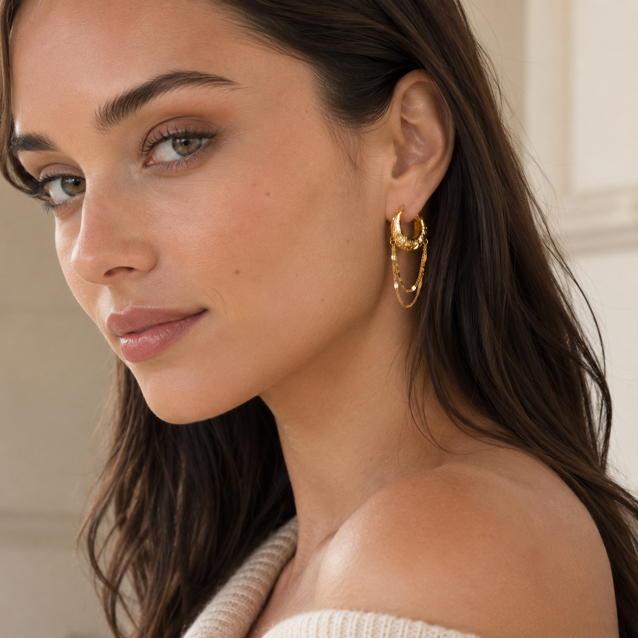 Layered Draping Chain Textured 925 Silver Hoops (Gold Finish)