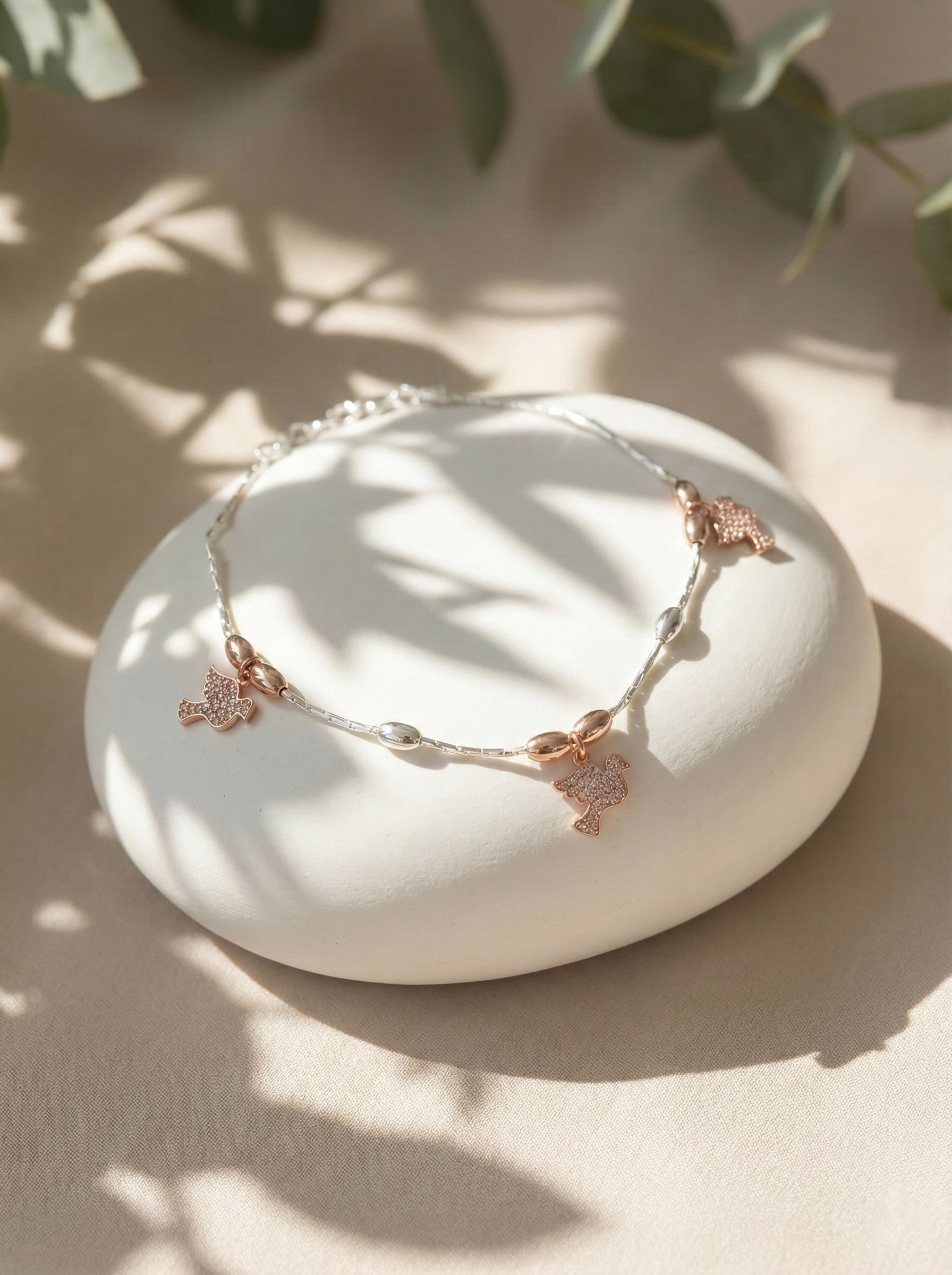 925 Sterling Silver Rose Gold Bird Nature Charm Anklet