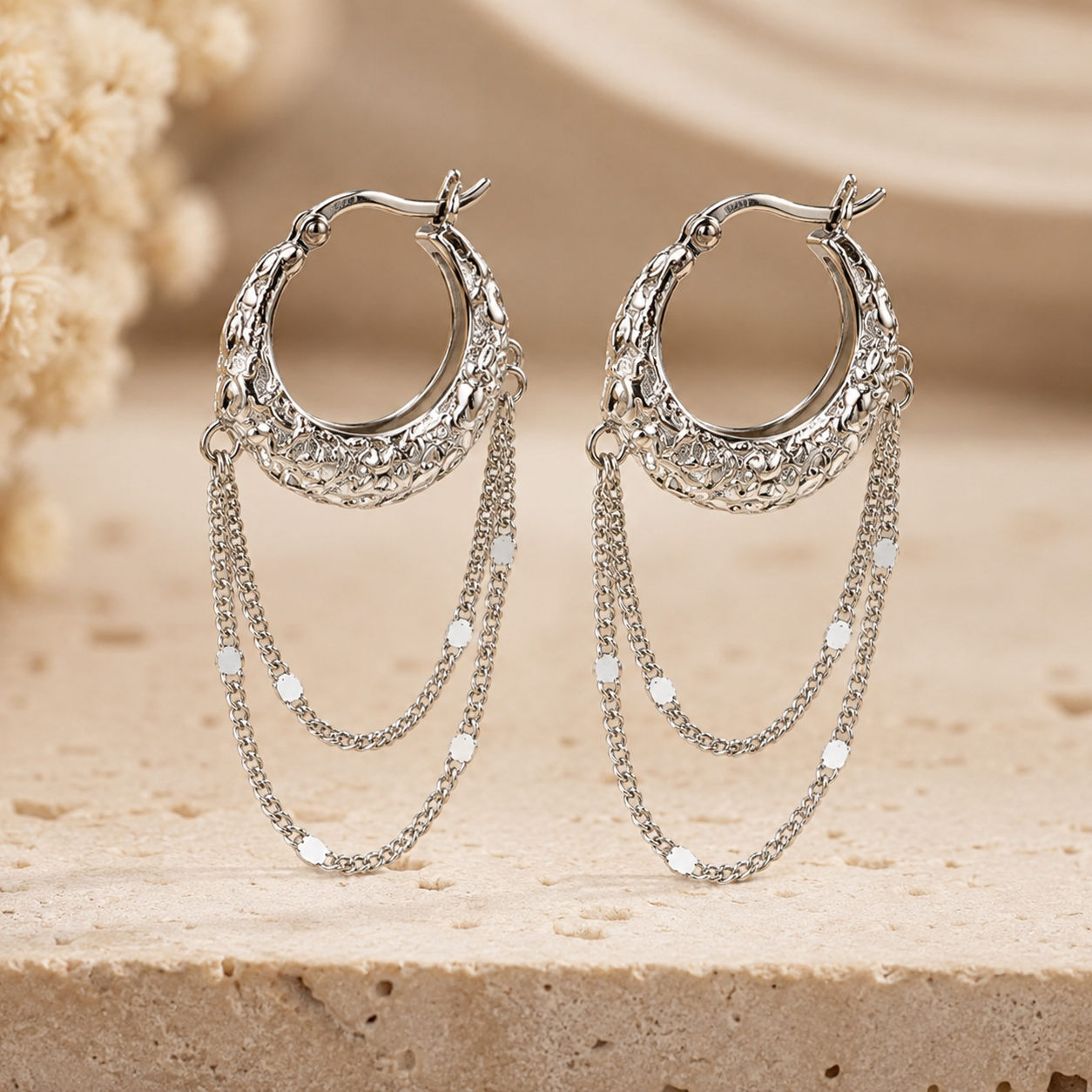 Layered Draping Chain Textured 925 Silver Hoops (Silver Finish)