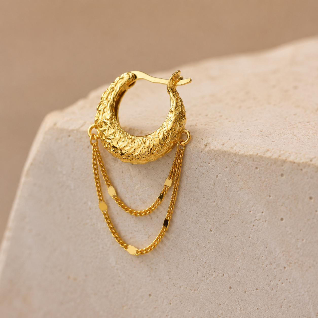 Layered Draping Chain Textured 925 Silver Hoops (Gold Finish)