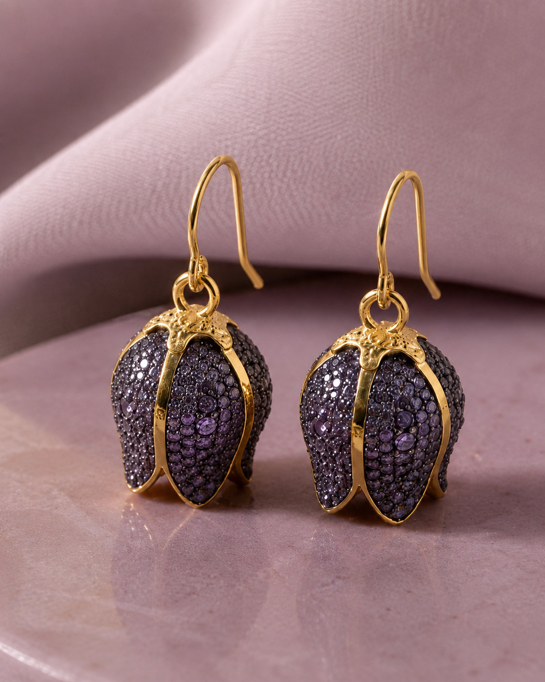 Gold Plated Purple Tulip Drop Earrings