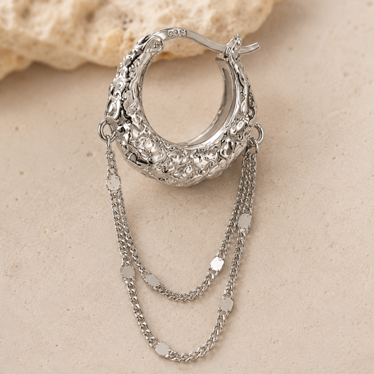 Layered Draping Chain Textured 925 Silver Hoops (Silver Finish)