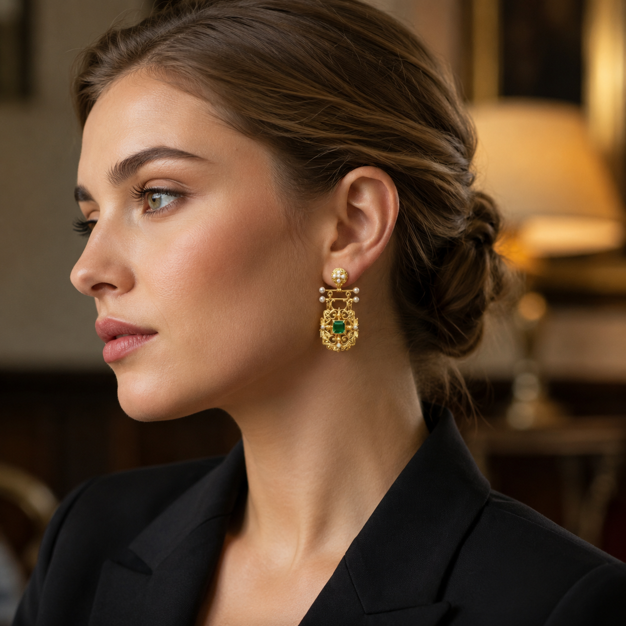 Art Nouveau Gold Vintage Earrings With Emerald Green Cubic Zirconia