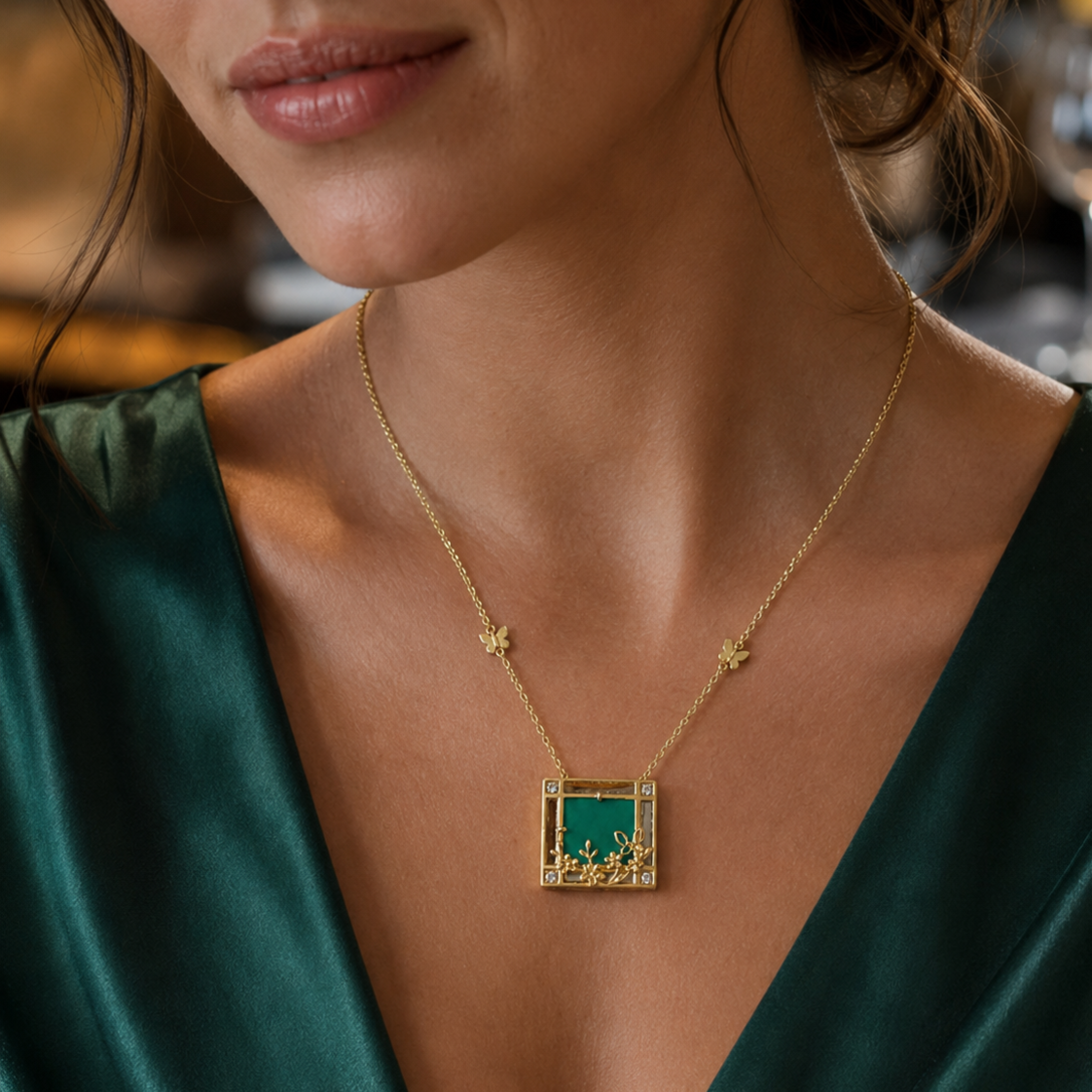 Green Princess-Cut Square Pendant Necklace