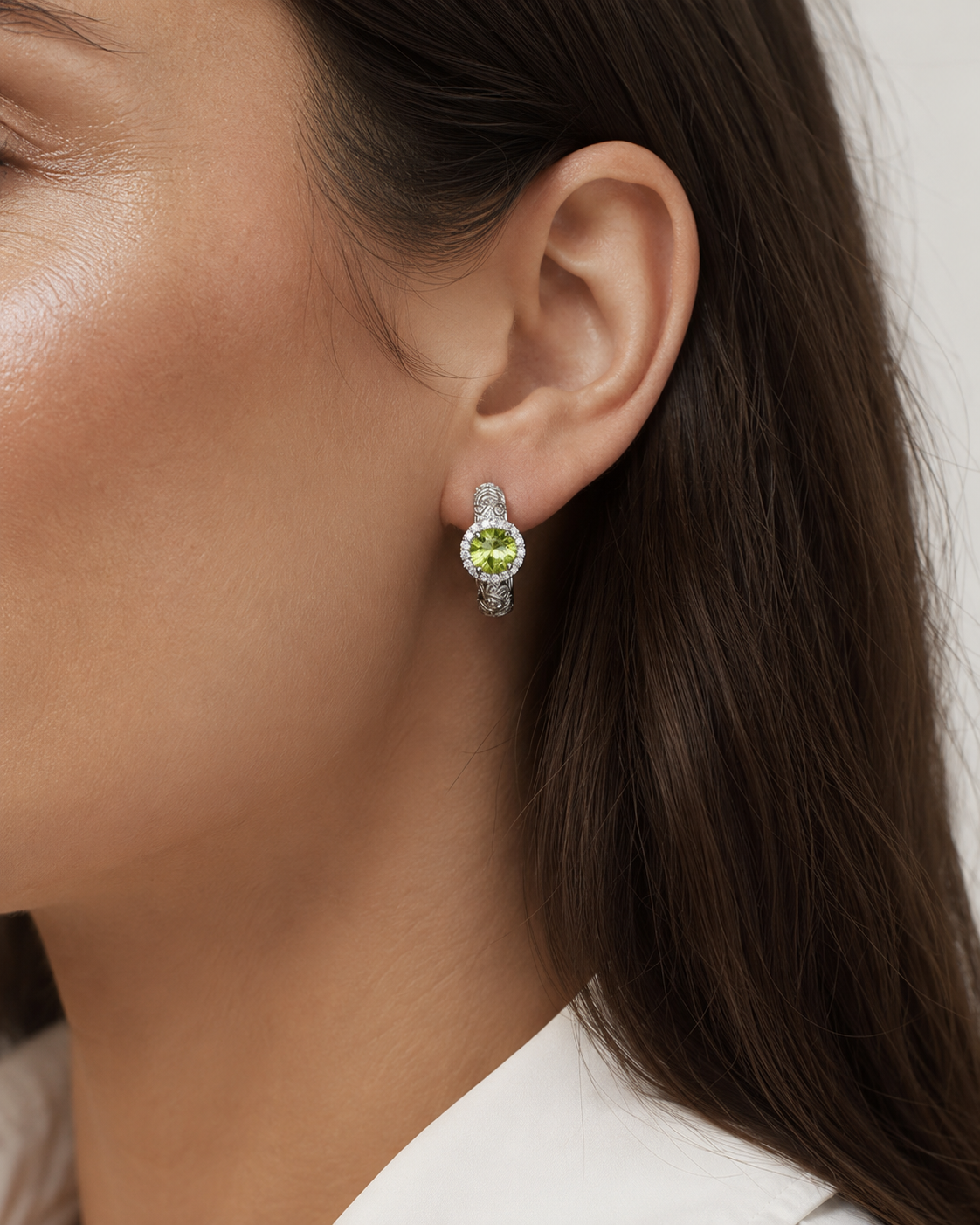 Antique Style Sterling Silver Natural Olivine Halo Earrings