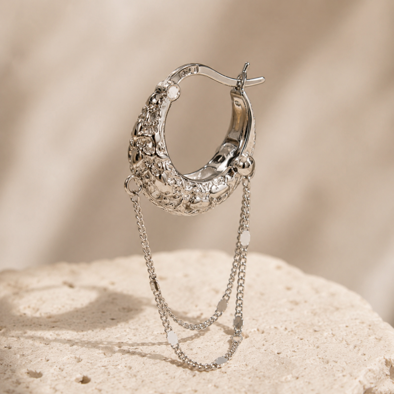 Layered Draping Chain Textured 925 Silver Hoops (Silver Finish)
