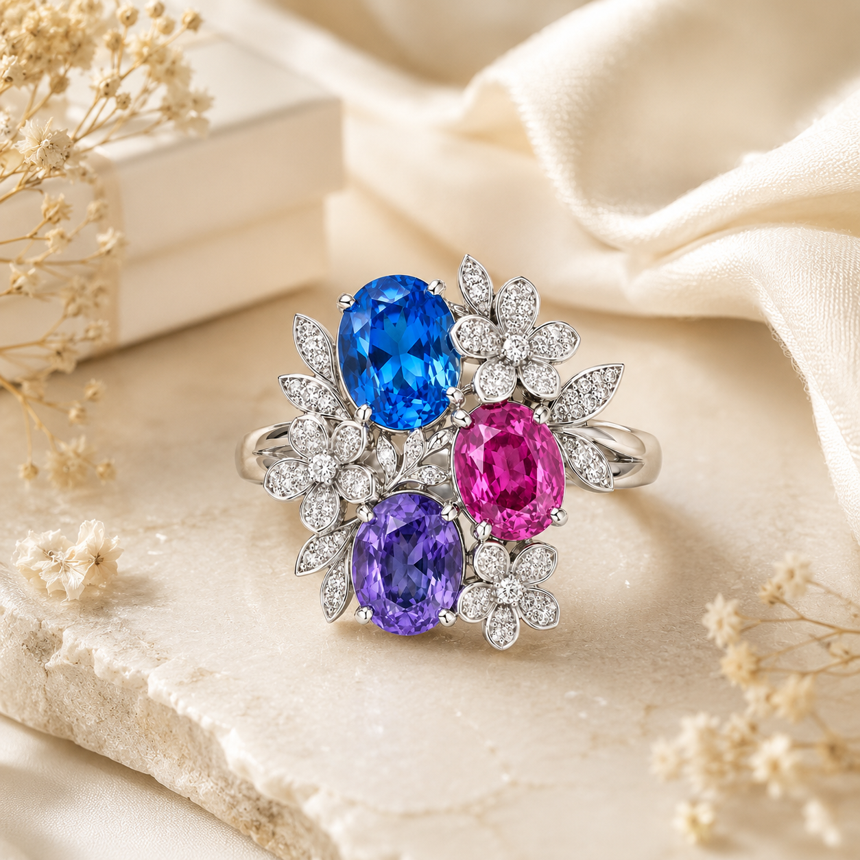 Natural Blue Topaz 925 Sterling Silver Floral Gemstone Ring