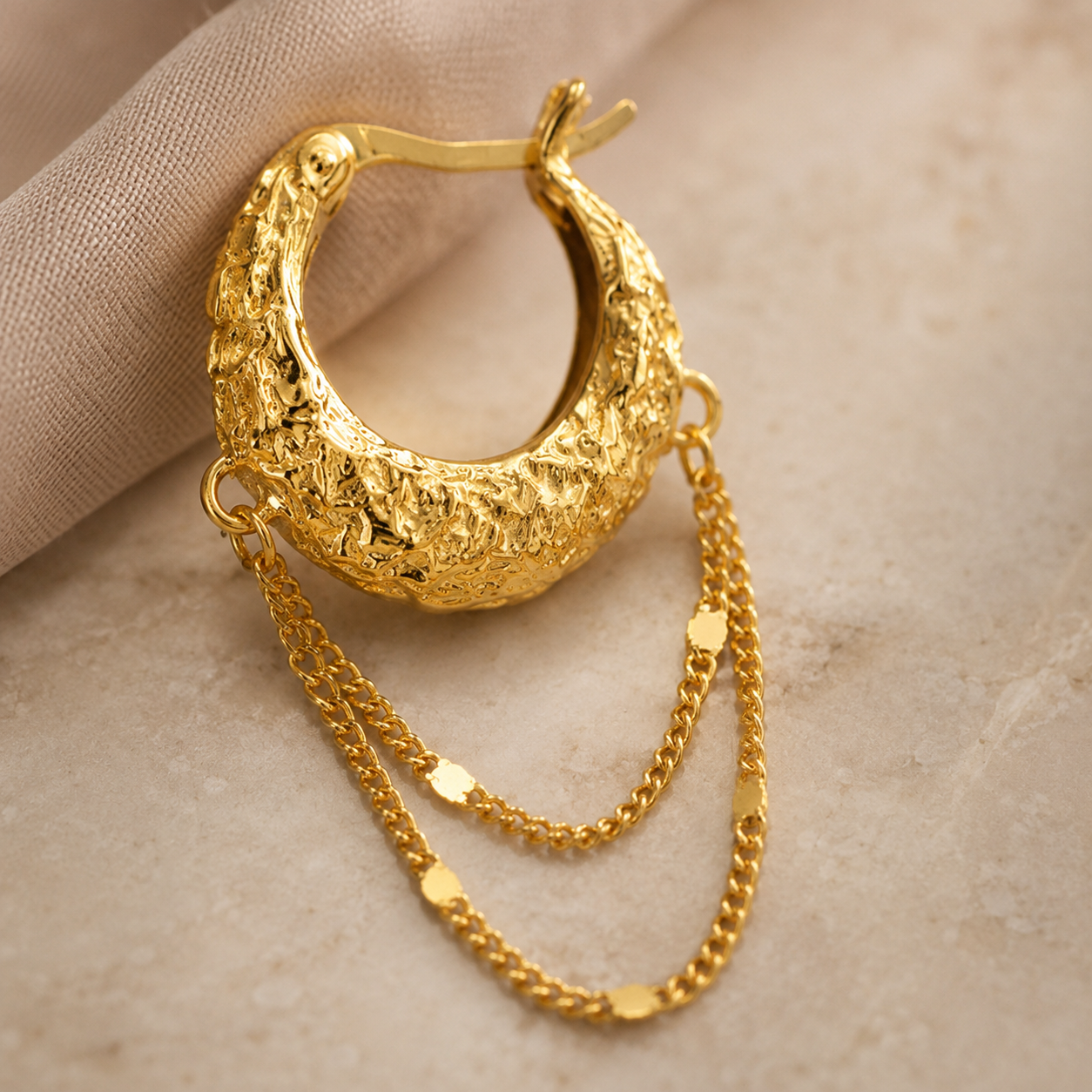 Layered Draping Chain Textured 925 Silver Hoops (Gold Finish)