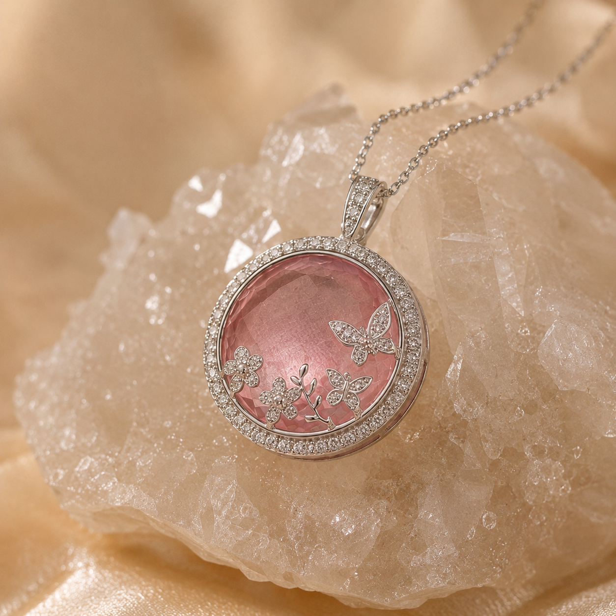 Blush Butterfly Garden Circle Pendant