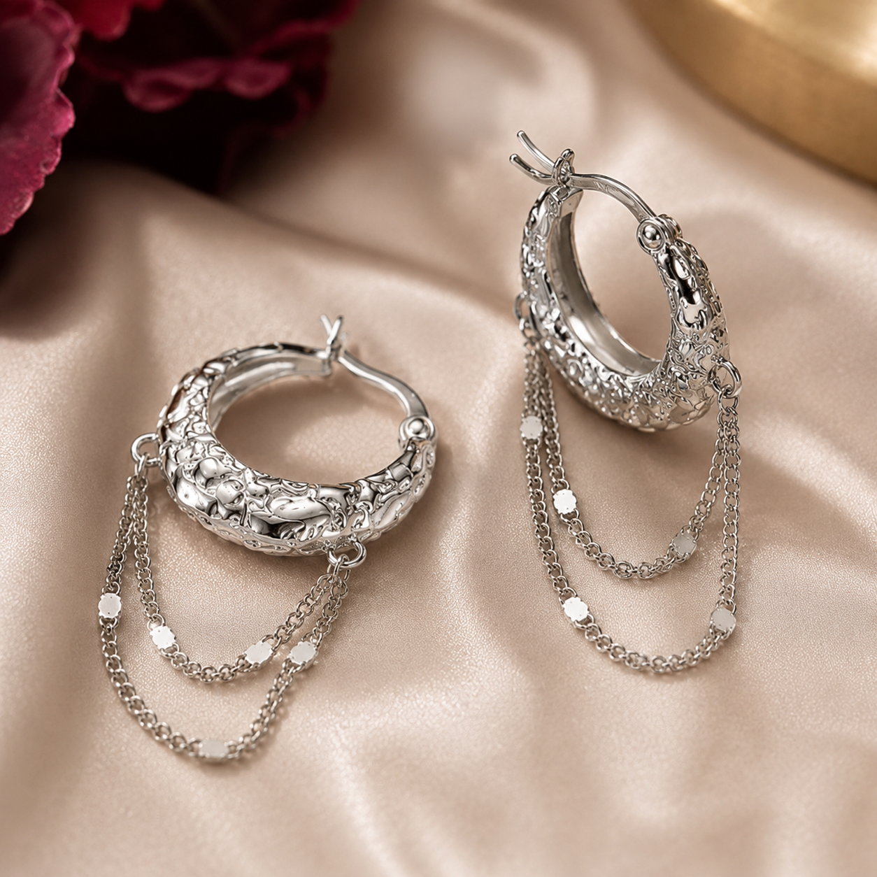 Layered Draping Chain Textured 925 Silver Hoops (Silver Finish)