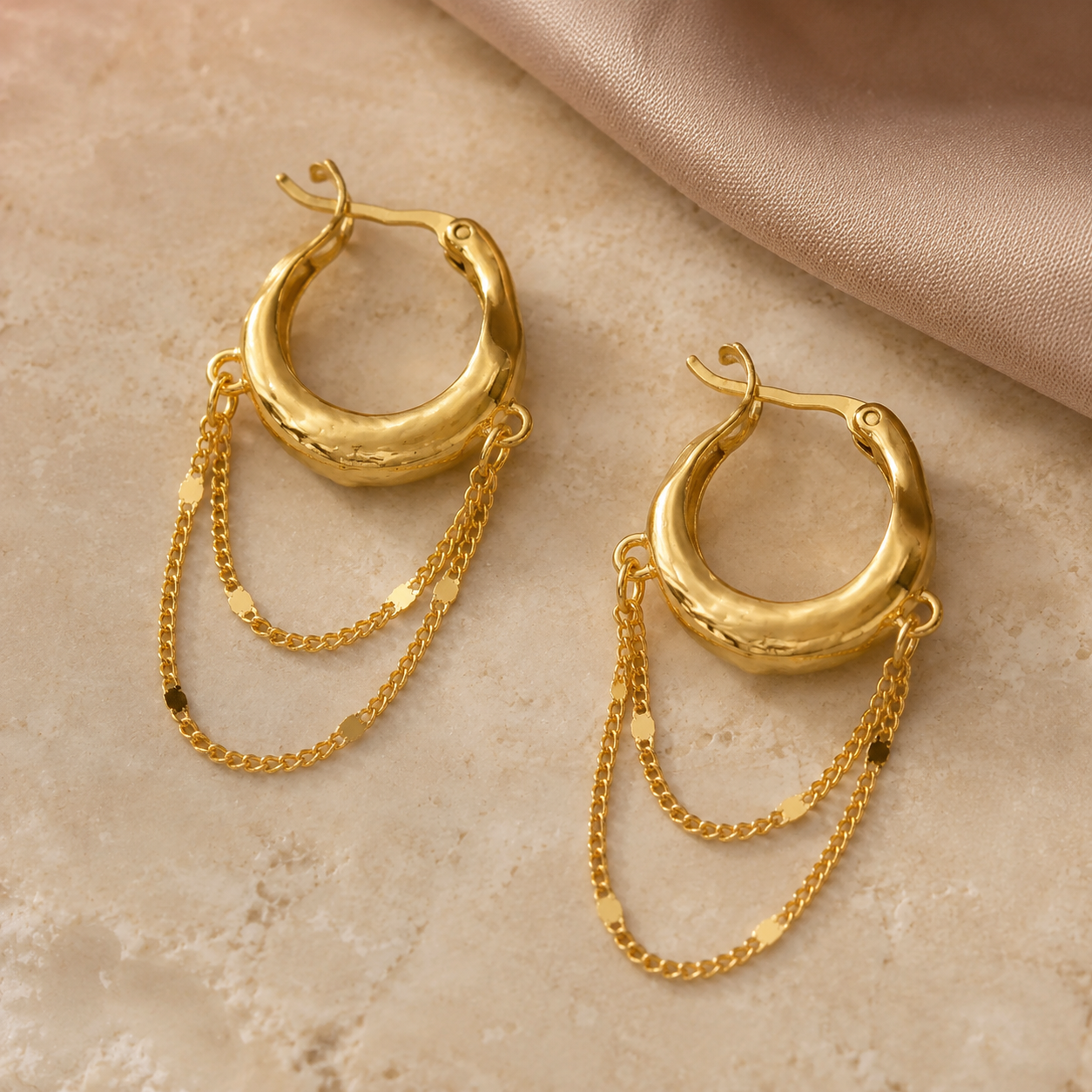 Layered Draping Chain Textured 925 Silver Hoops (Gold Finish)