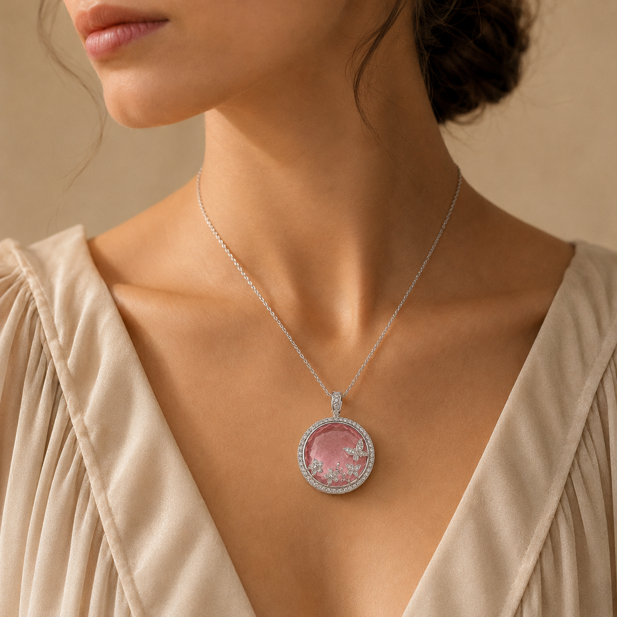 Blush Butterfly Garden Circle Pendant