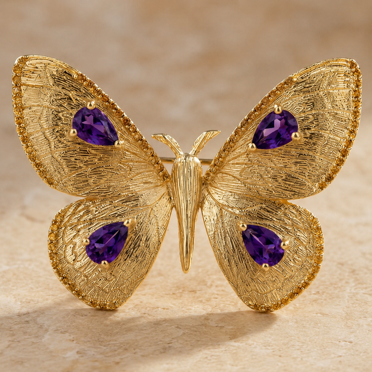 925 Silver Butterfly Brooch Pendant with 18K Gold Coating and Amethyst