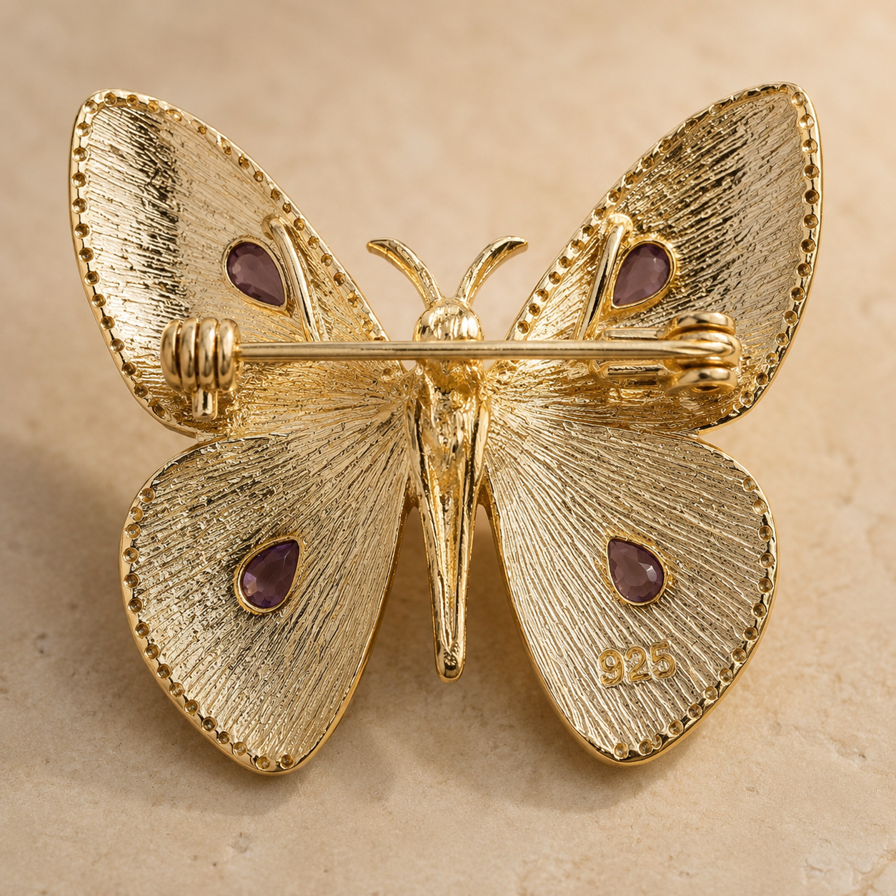 925 Silver Butterfly Brooch Pendant with 18K Gold Coating and Amethyst