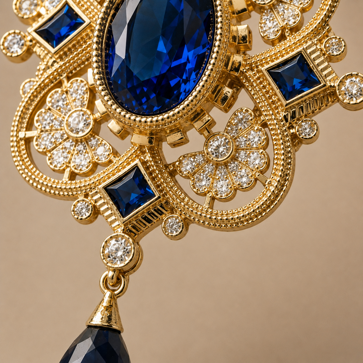 Antique Gold Finish Blue Stone Brooch Pendant