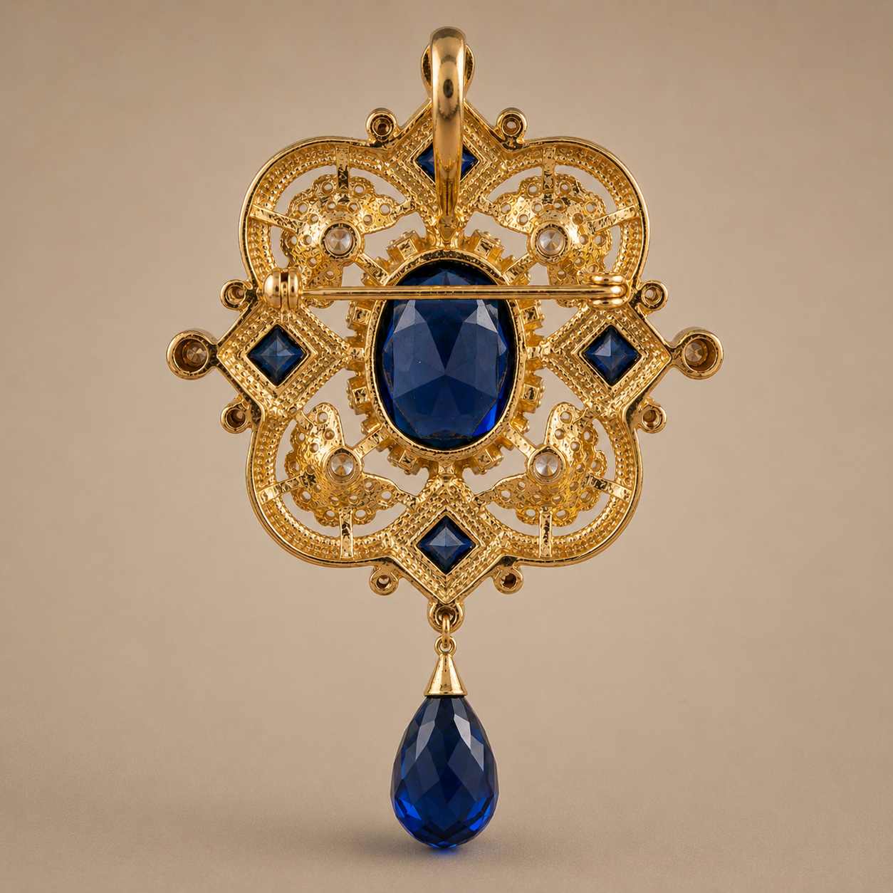Antique Gold Finish Blue Stone Brooch Pendant