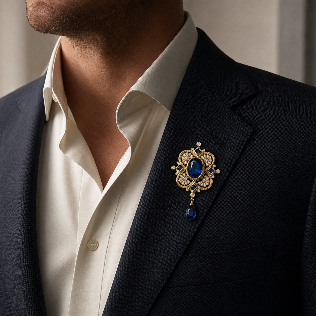 Antique Gold Finish Blue Stone Brooch Pendant