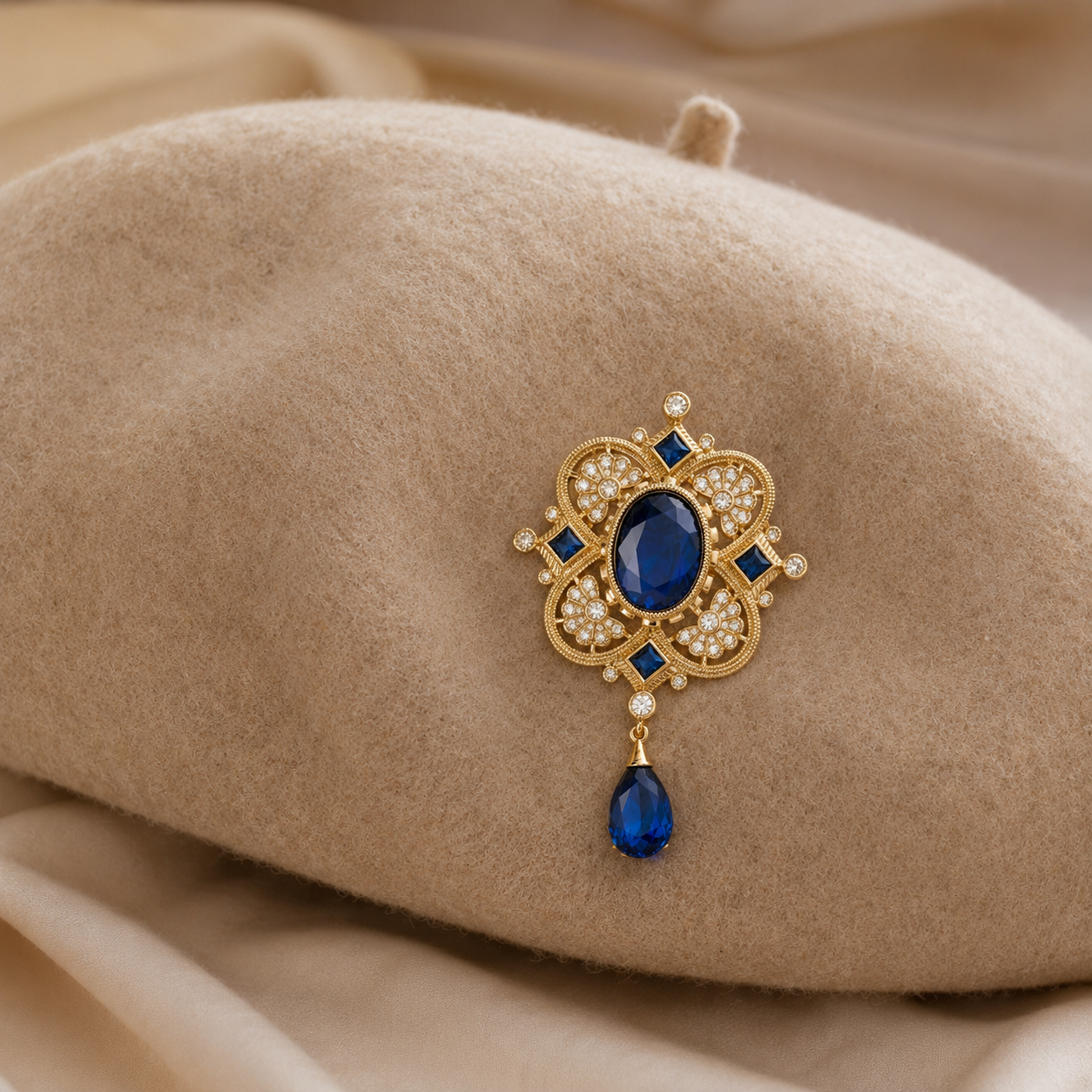 Antique Gold Finish Blue Stone Brooch Pendant