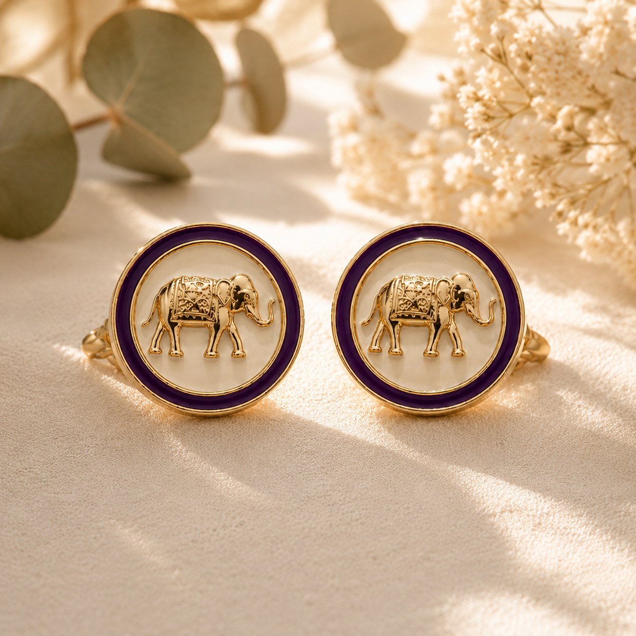 Handmade 15mm Button Clips Gold Elephant Art Deco Enamel