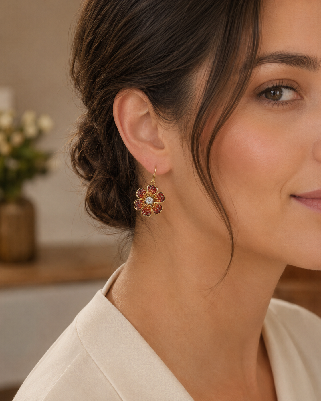 Five Petal Ombre Blossom Dangle Earrings - Orange