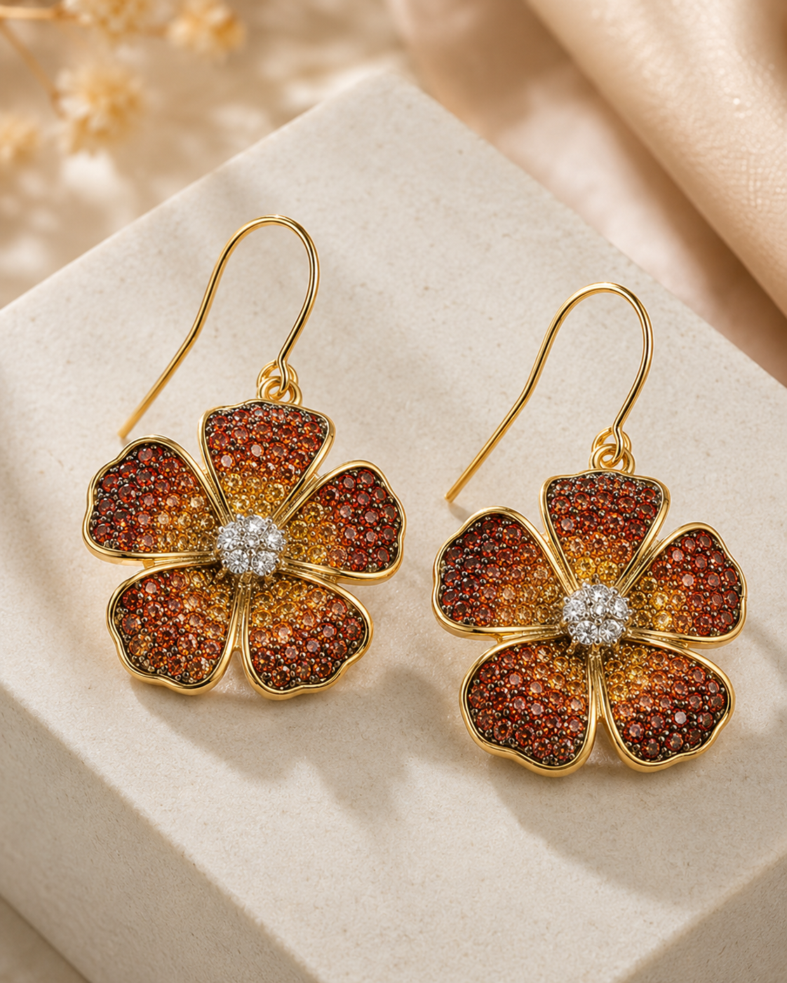 Five Petal Ombre Blossom Dangle Earrings - Orange