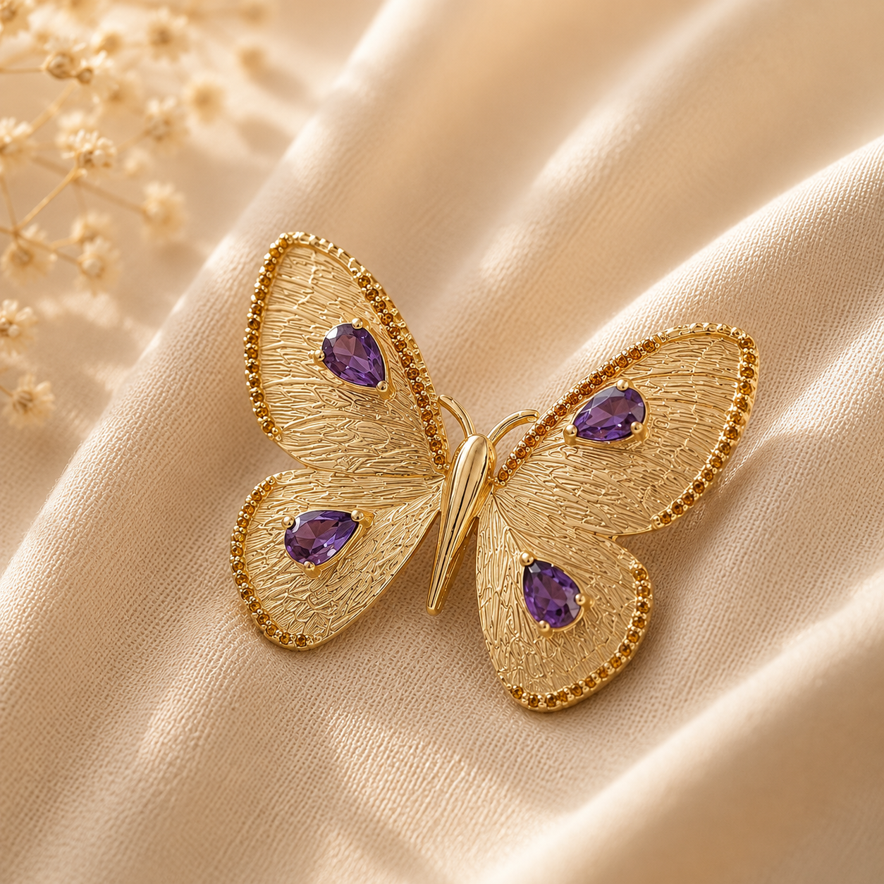 925 Silver Butterfly Brooch Pendant with 18K Gold Coating and Amethyst