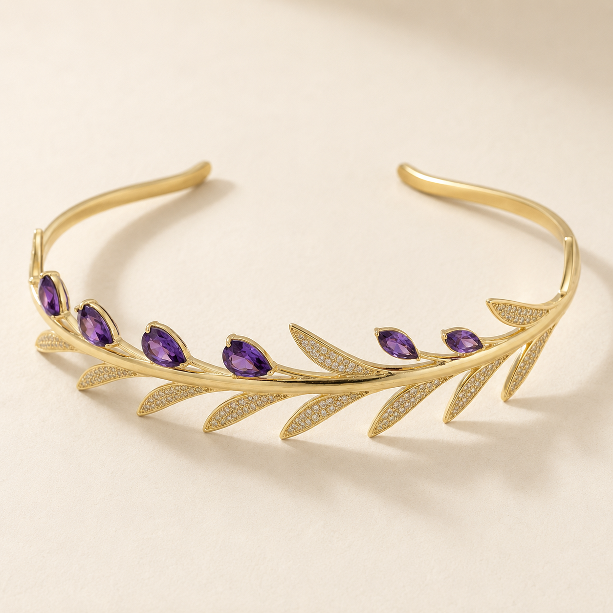 Golden Laurel Headband with Purple Cubic Zirconia