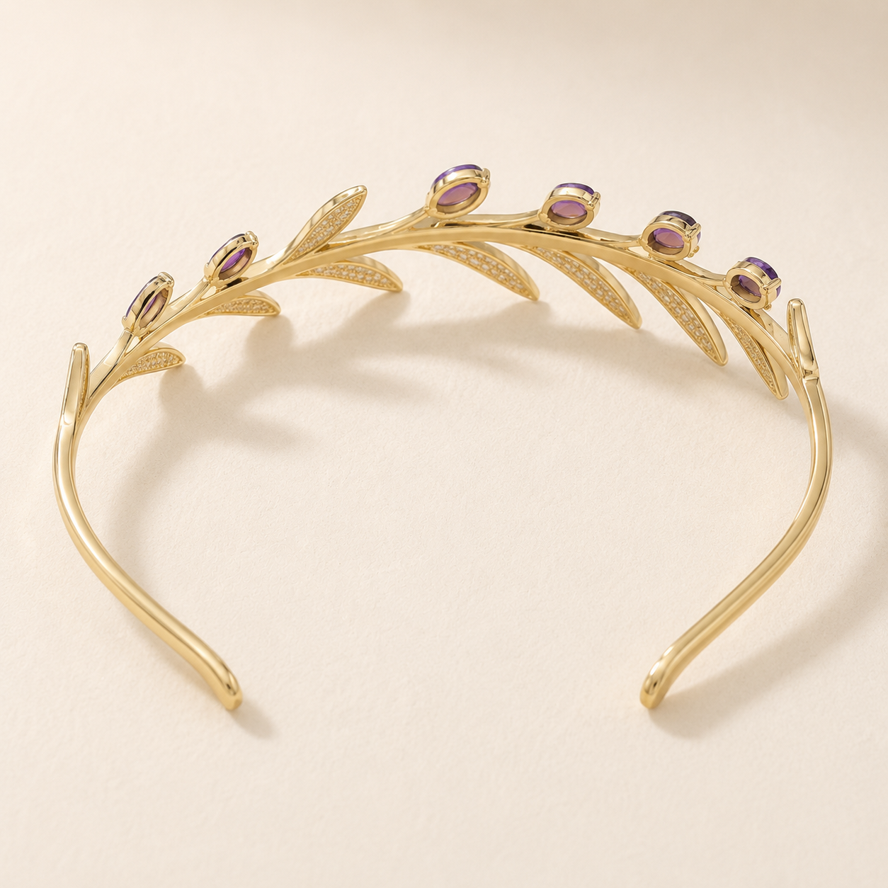 Golden Laurel Headband with Purple Cubic Zirconia