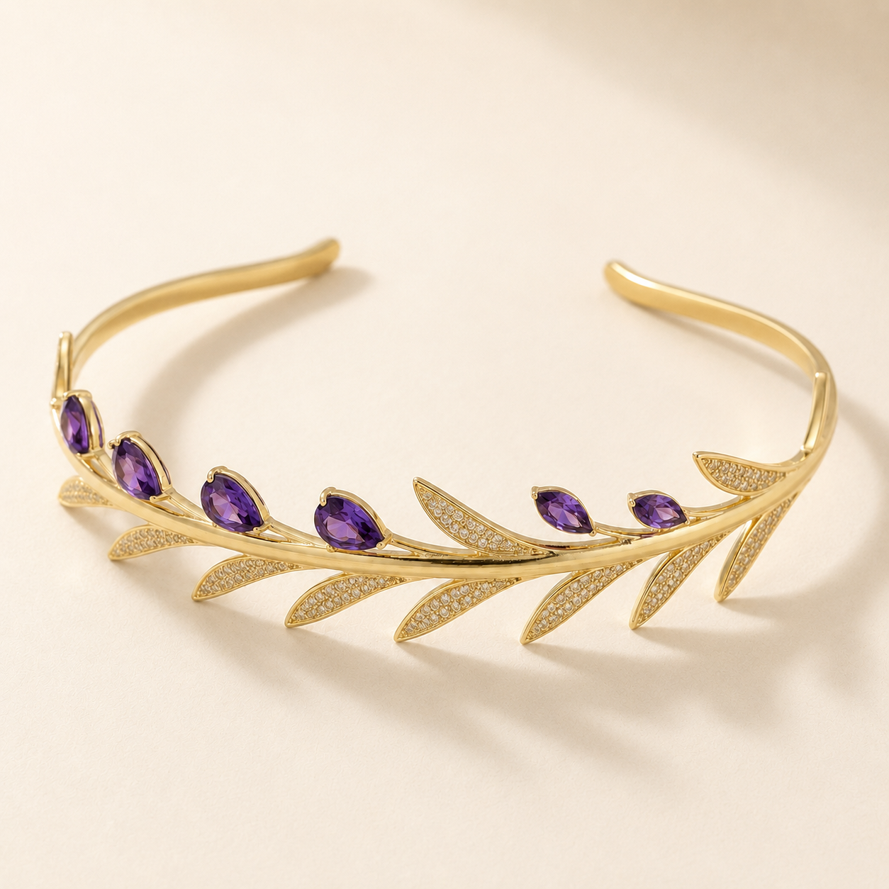 Golden Laurel Headband with Purple Cubic Zirconia