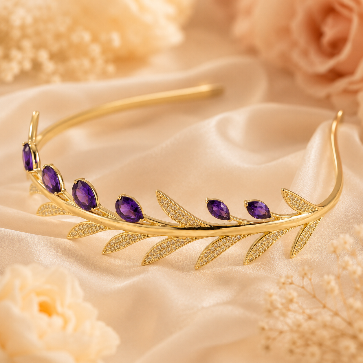 Golden Laurel Headband with Purple Cubic Zirconia