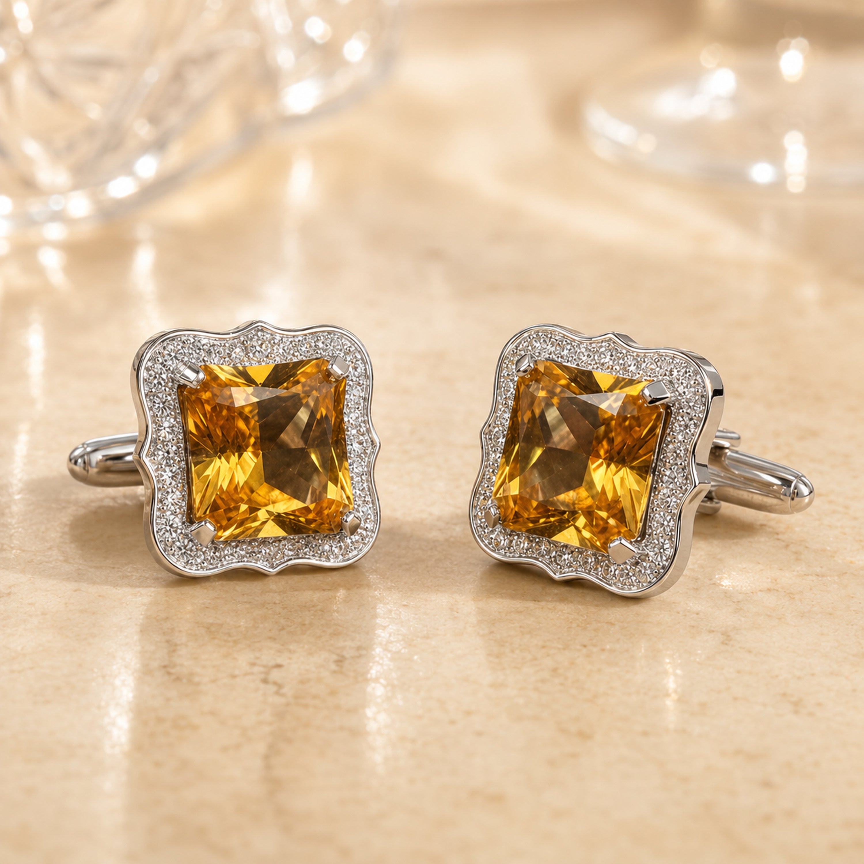 Vintage square cufflinks with a gold tone centre stone and silver tone frame