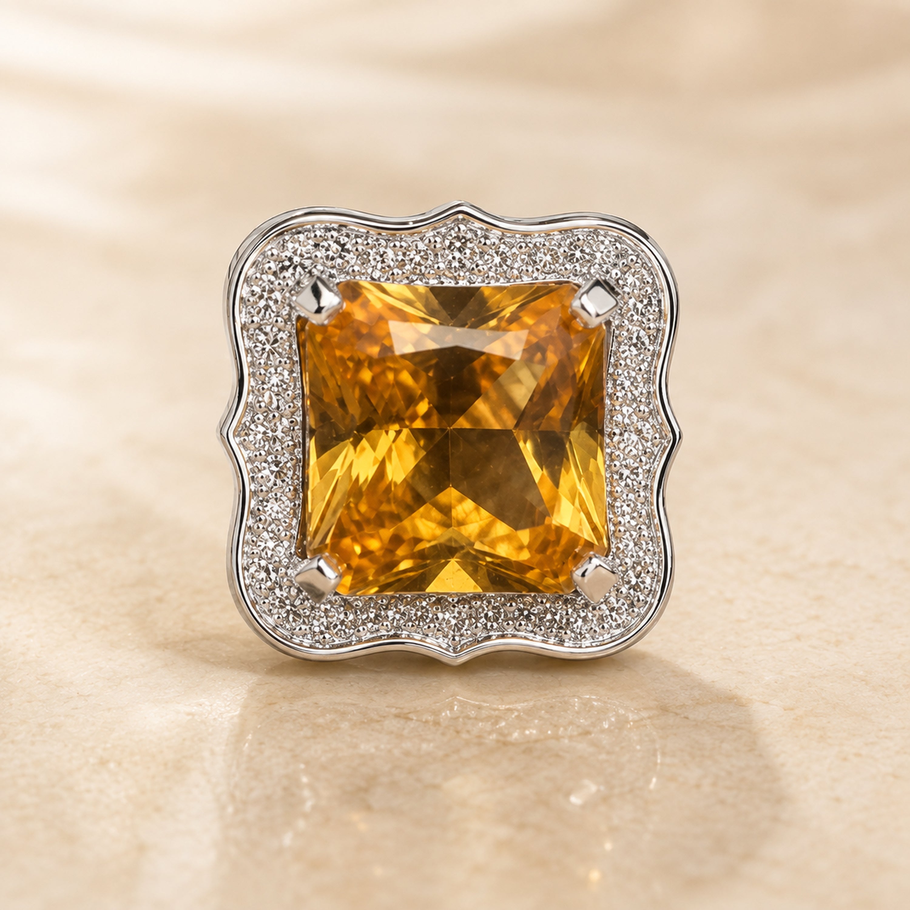 Close up of the four prong setting and surrounding pave stones