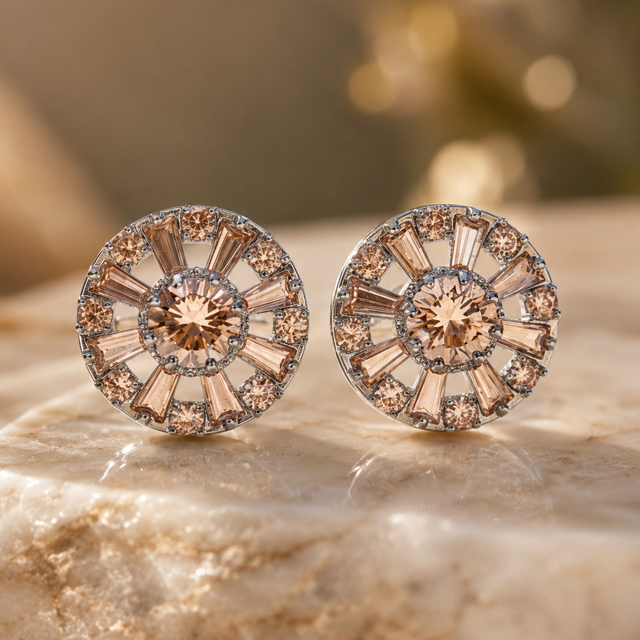 Pair of Orlando art deco cufflinks, champagne round-cut centre stone in a beaded halo with champagne baguette spokes, in silver tone
