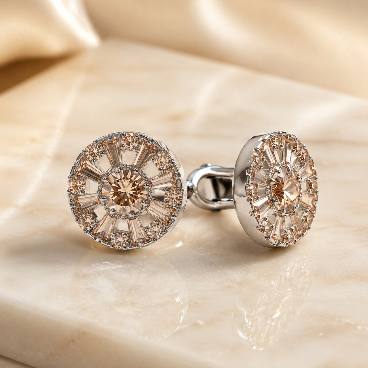 Close view of the champagne round-cut centre stone and beaded halo on an Orlando cufflink