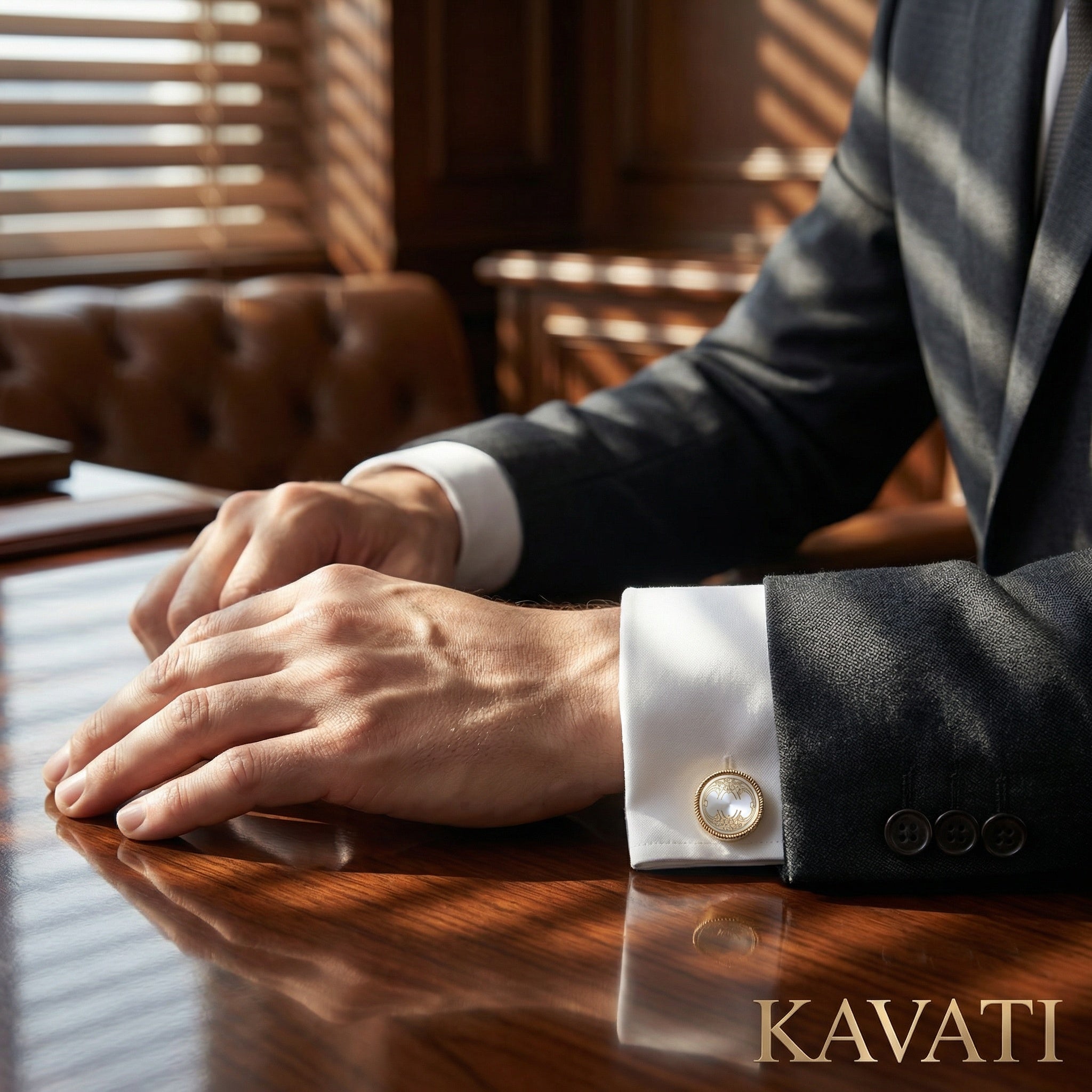 White enamel cufflink shown from the front with gold plated border